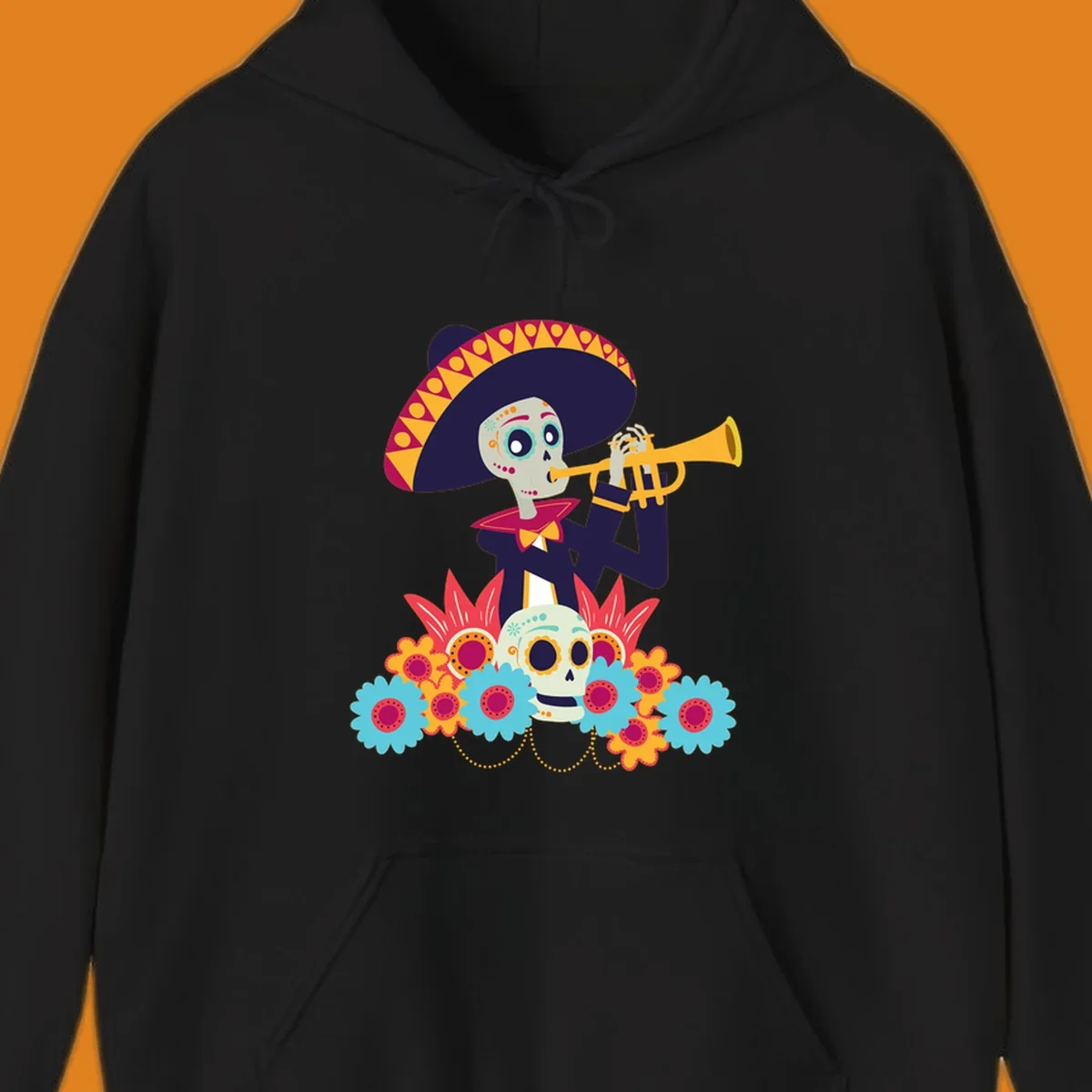 A calavera skeleton trumpet player in a sombrero and bow tie, surrounded by colorful flowers and a sugar skull.