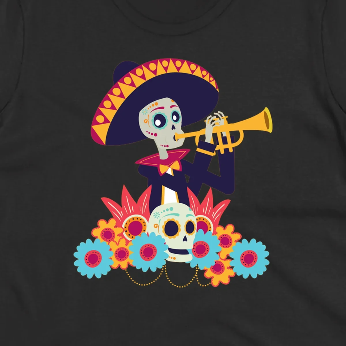 A calavera skeleton trumpet player in a sombrero and bow tie, surrounded by colorful flowers and a sugar skull.