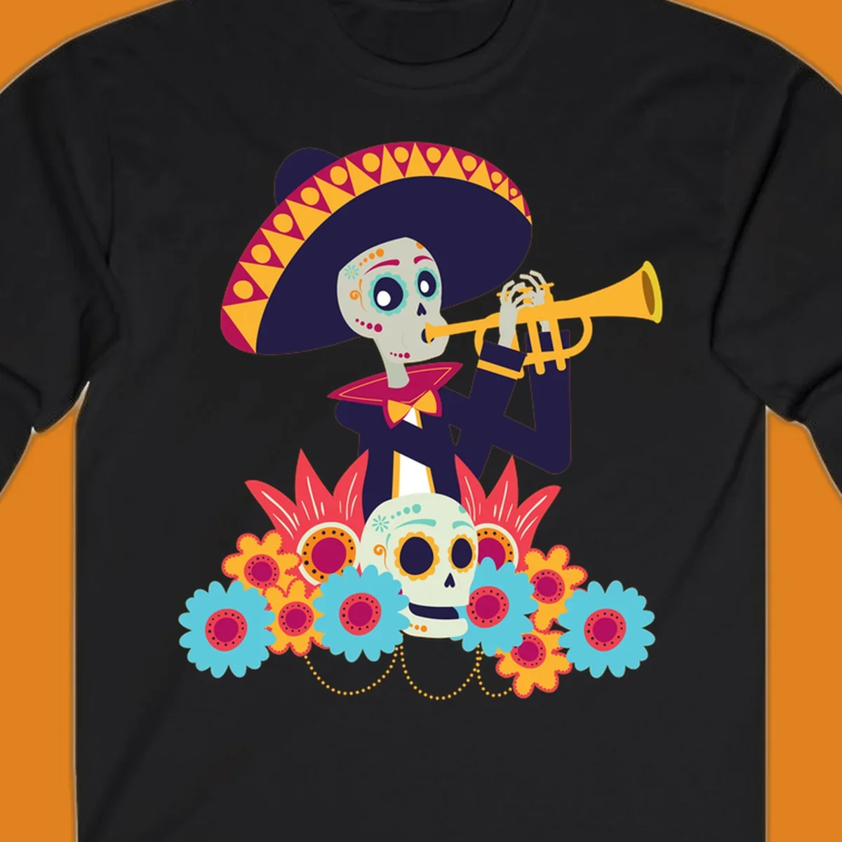 A calavera skeleton trumpet player in a sombrero and bow tie, surrounded by colorful flowers and a sugar skull.