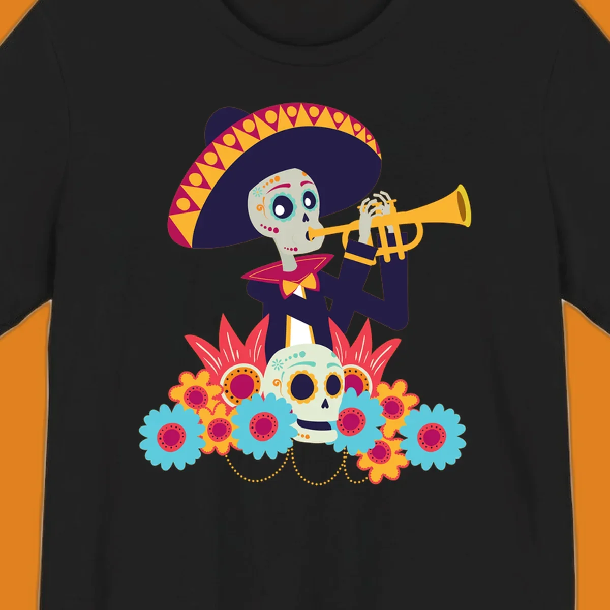 A calavera skeleton trumpet player in a sombrero and bow tie, surrounded by colorful flowers and a sugar skull.