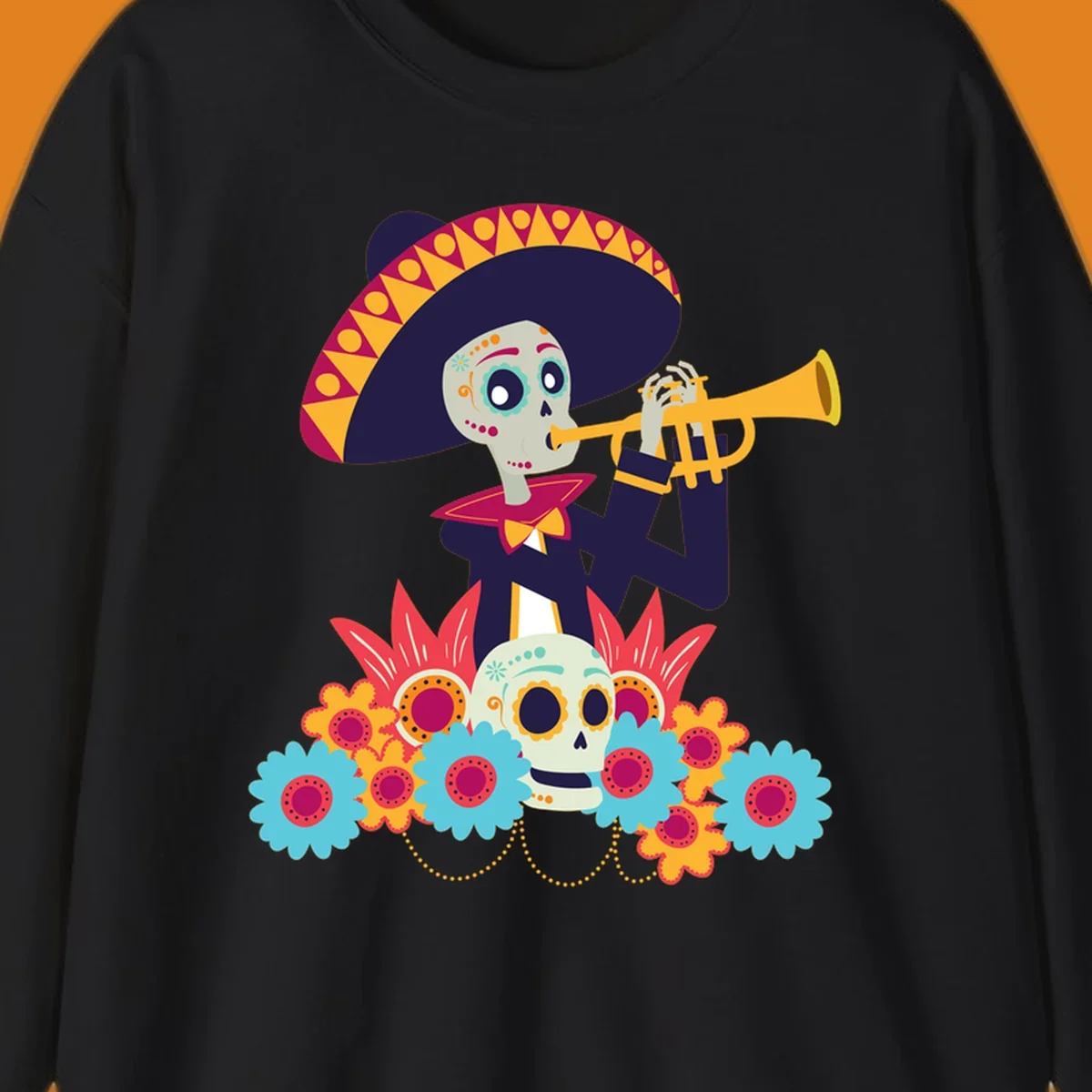 A calavera skeleton trumpet player in a sombrero and bow tie, surrounded by colorful flowers and a sugar skull.