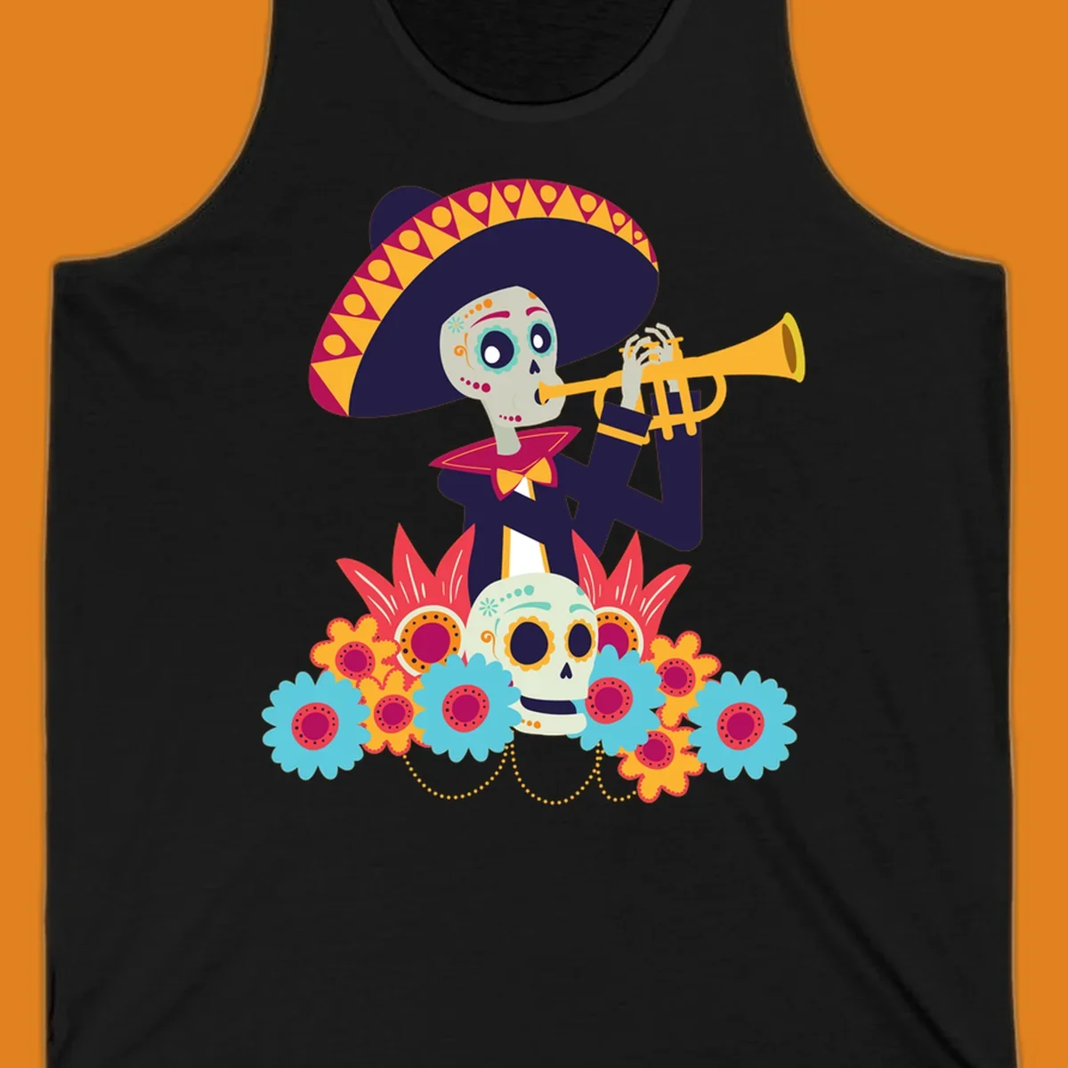 A calavera skeleton trumpet player in a sombrero and bow tie, surrounded by colorful flowers and a sugar skull.