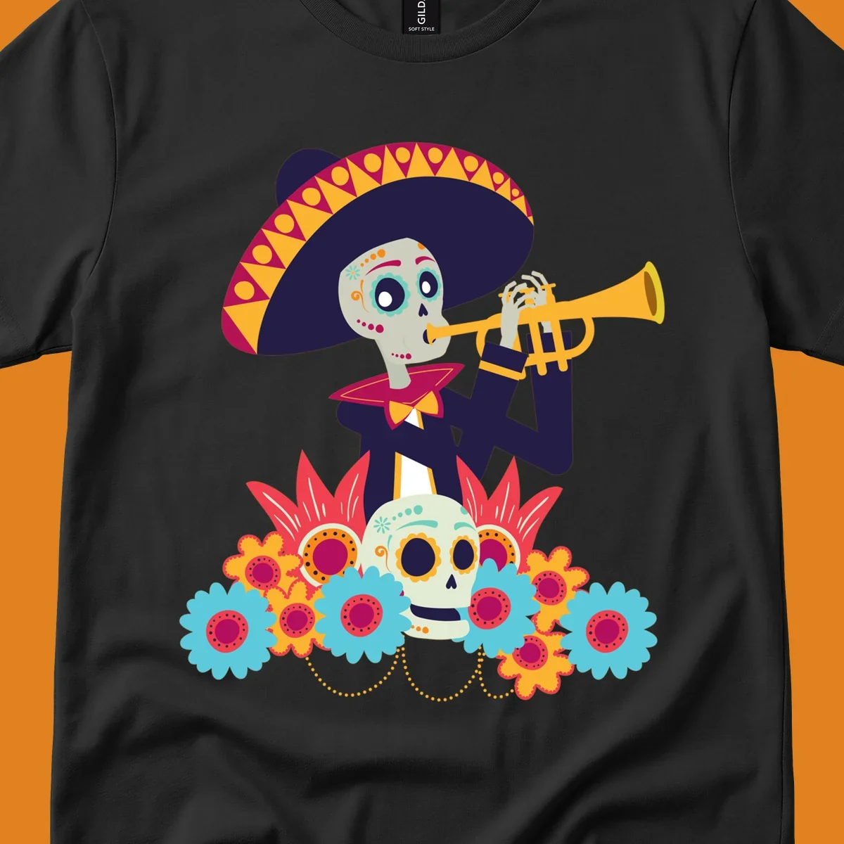 A calavera skeleton trumpet player in a sombrero and bow tie, surrounded by colorful flowers and a sugar skull.
