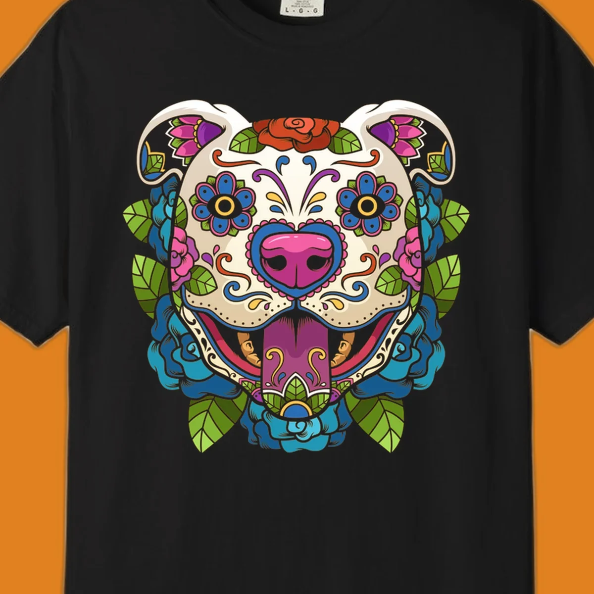 Vibrant sugar skull dog illustration with colorful floral patterns, roses, and leaves, in a traditional calavera style.