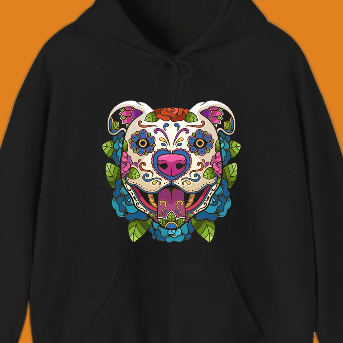 Vibrant sugar skull dog illustration with colorful floral patterns, roses, and leaves, in a traditional calavera style.