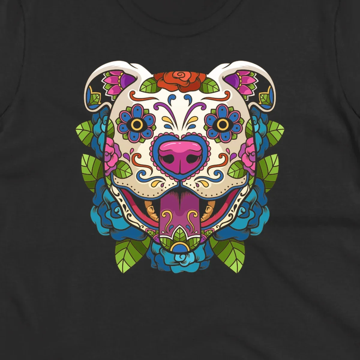 Vibrant sugar skull dog illustration with colorful floral patterns, roses, and leaves, in a traditional calavera style.