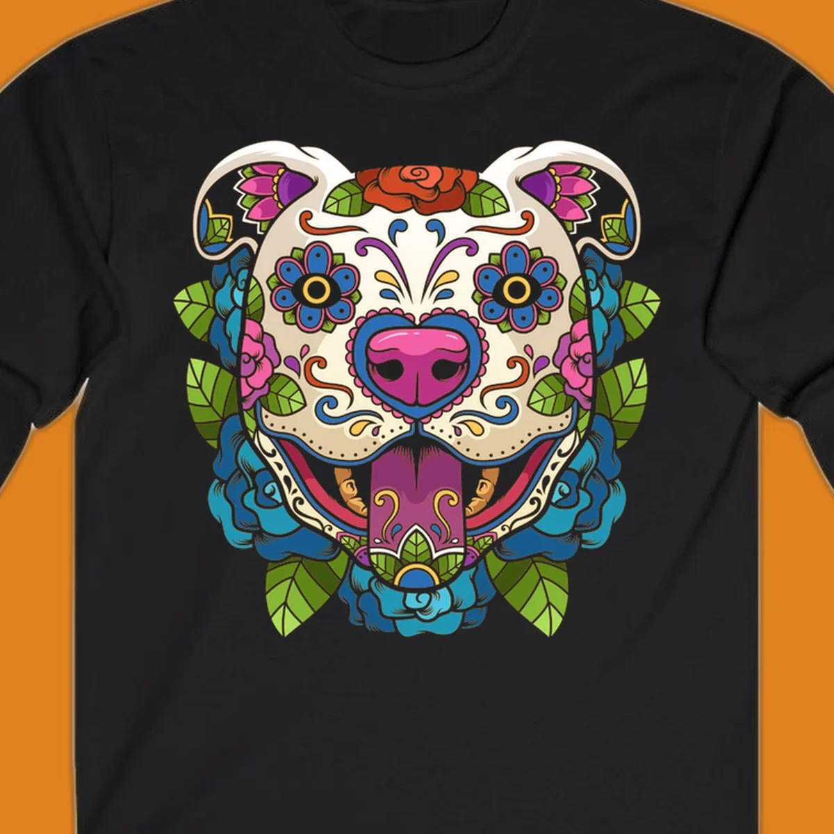 Vibrant sugar skull dog illustration with colorful floral patterns, roses, and leaves, in a traditional calavera style.