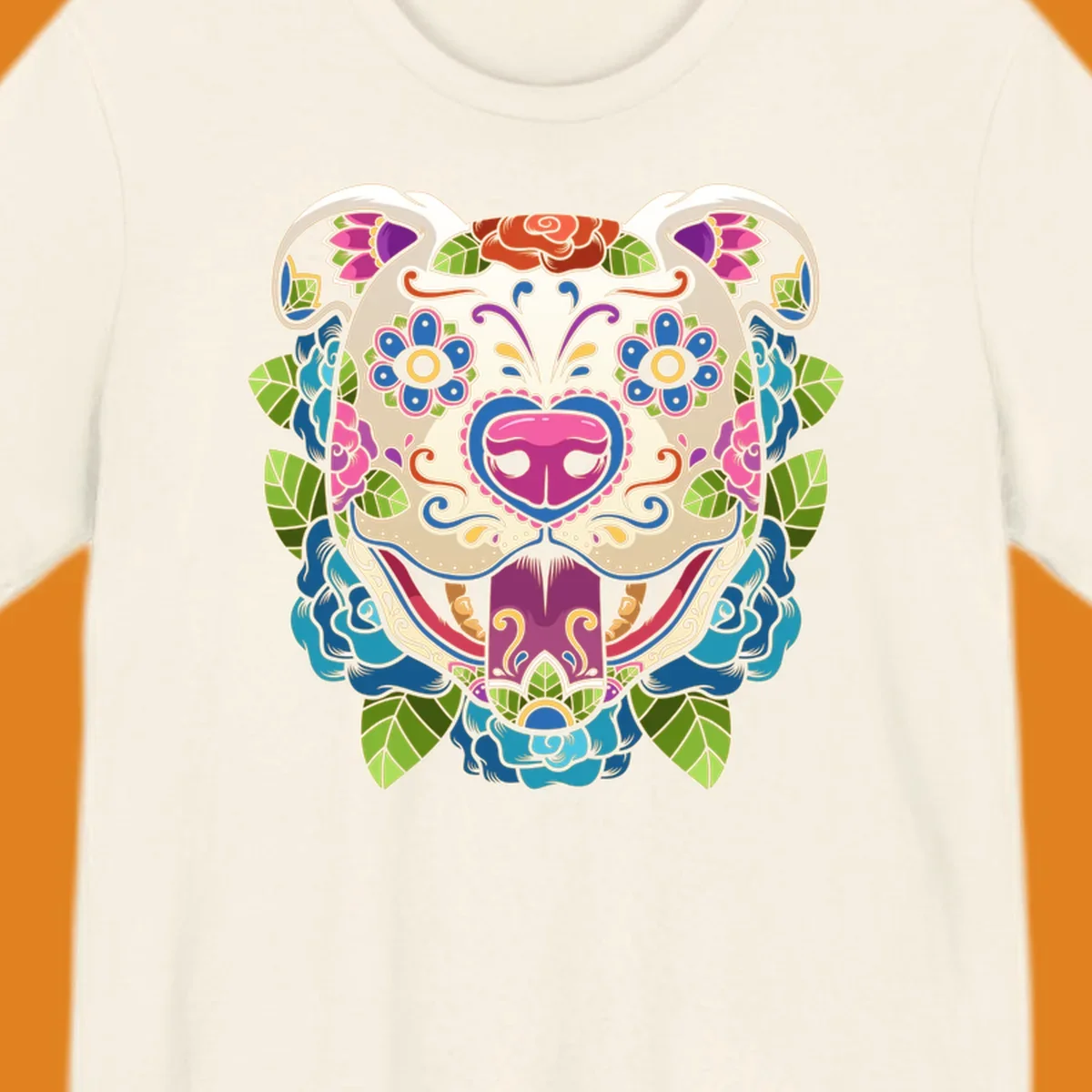 Vibrant sugar skull dog illustration with colorful floral patterns, roses, and leaves, in a traditional calavera style.