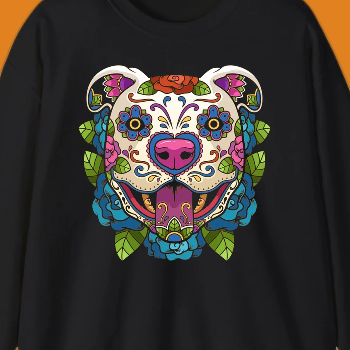 Vibrant sugar skull dog illustration with colorful floral patterns, roses, and leaves, in a traditional calavera style.