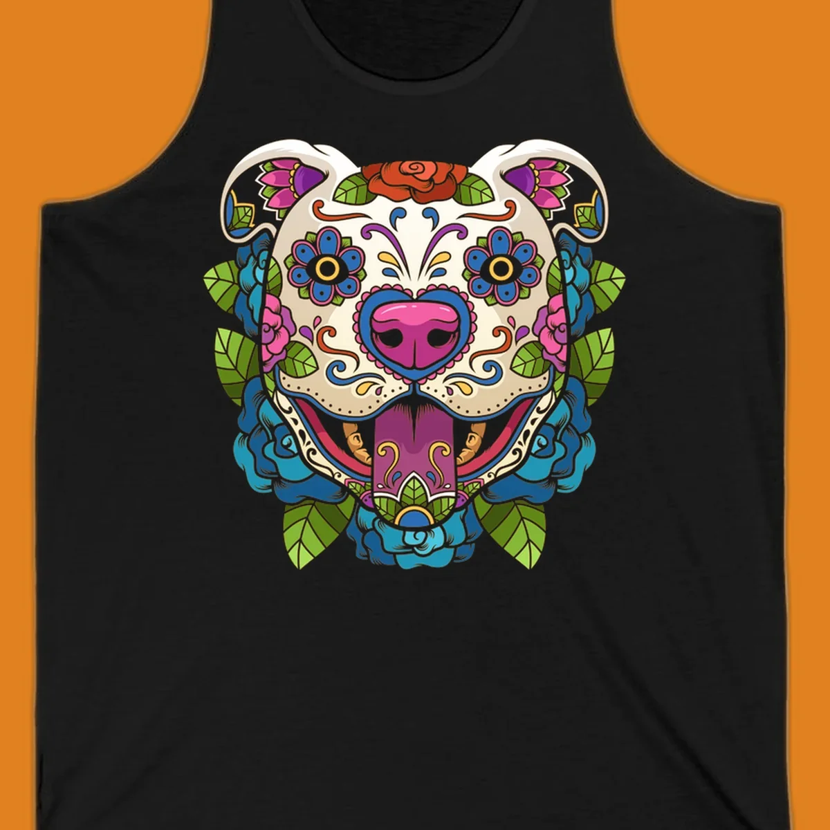 Vibrant sugar skull dog illustration with colorful floral patterns, roses, and leaves, in a traditional calavera style.