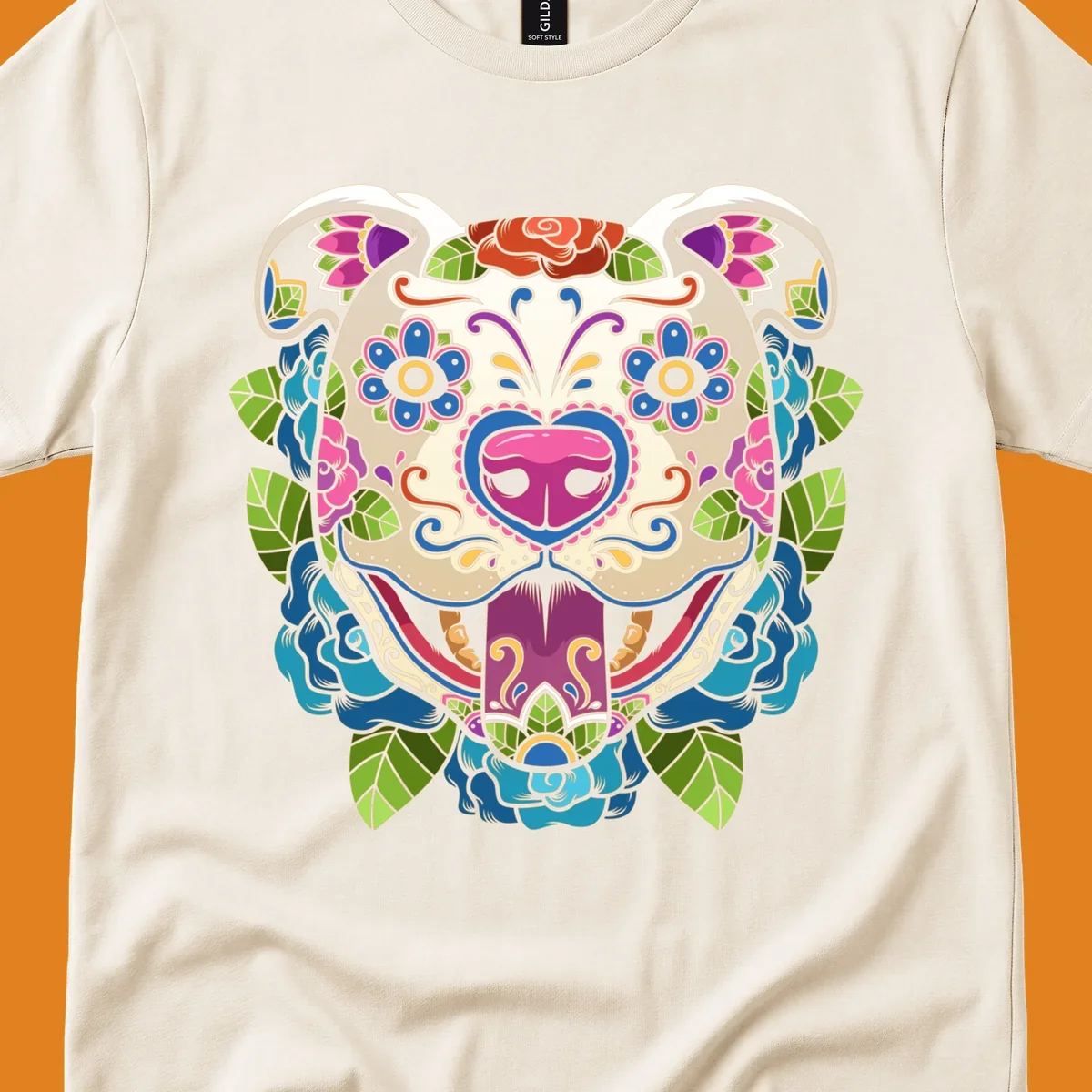 Vibrant sugar skull dog illustration with colorful floral patterns, roses, and leaves, in a traditional calavera style.