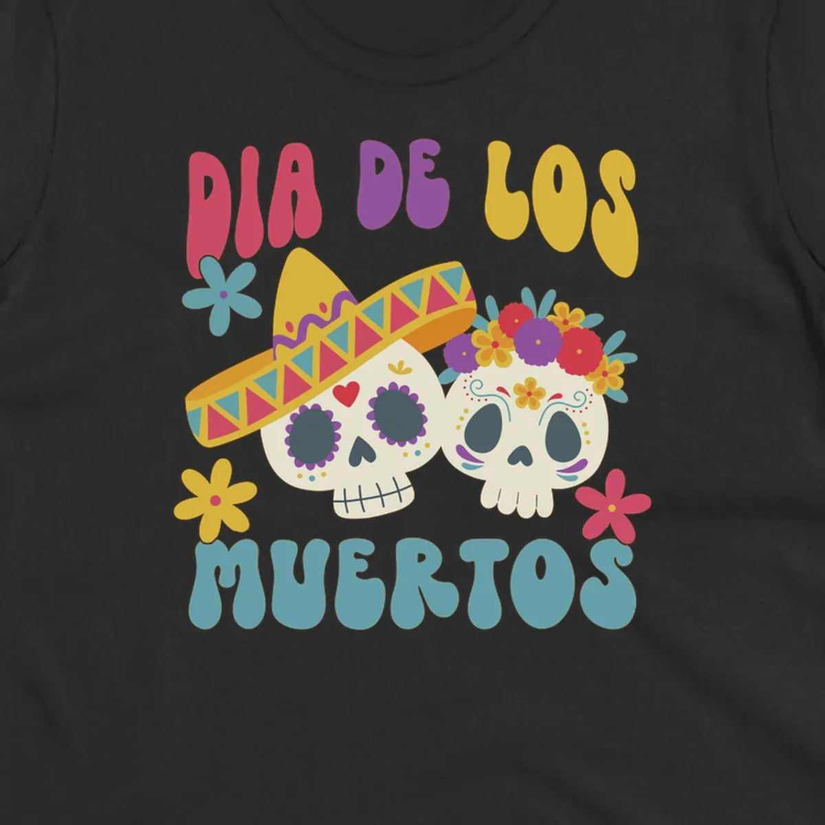 Two vibrant Dia de los Muertos sugar skulls, one wearing a sombrero and the other a flower crown, surrounded by colorful flowers and text that reads DIA DE LOS MUERTOS.