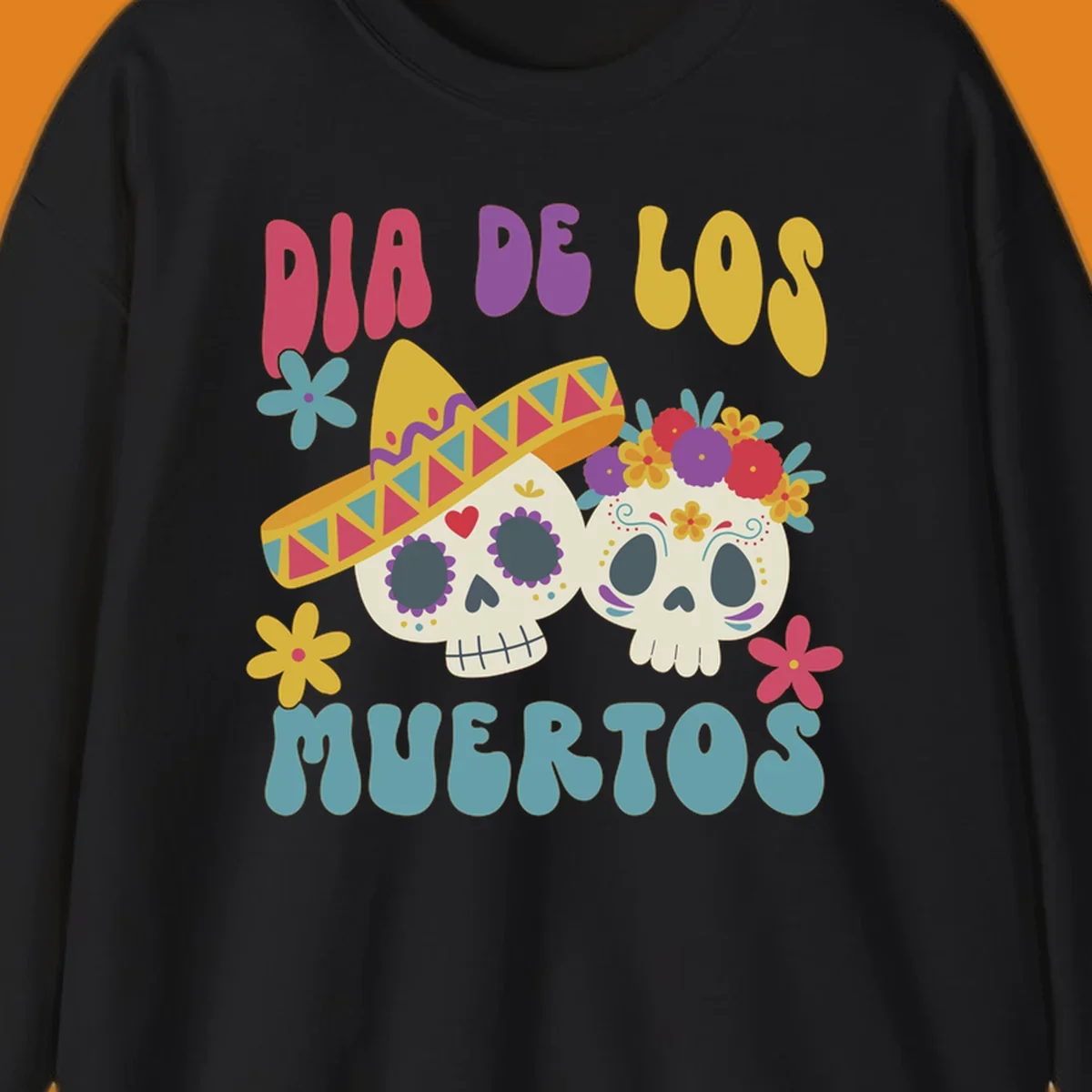Two vibrant Dia de los Muertos sugar skulls, one wearing a sombrero and the other a flower crown, surrounded by colorful flowers and text that reads DIA DE LOS MUERTOS.