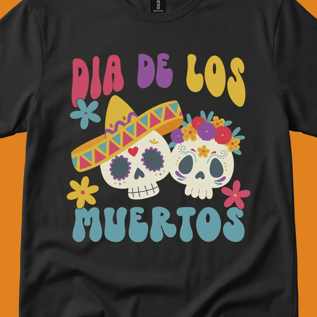 Two vibrant Dia de los Muertos sugar skulls, one wearing a sombrero and the other a flower crown, surrounded by colorful flowers and text that reads DIA DE LOS MUERTOS.