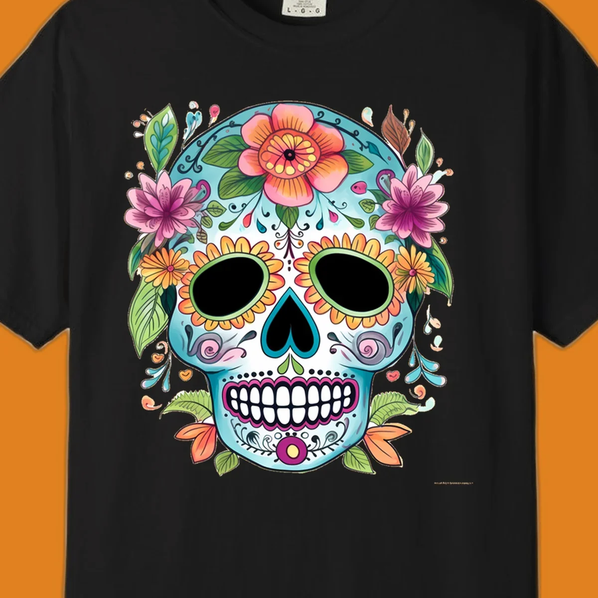 A vibrant floral calavera skull illustration, adorned with colorful flowers and leaves on a teal and white base.