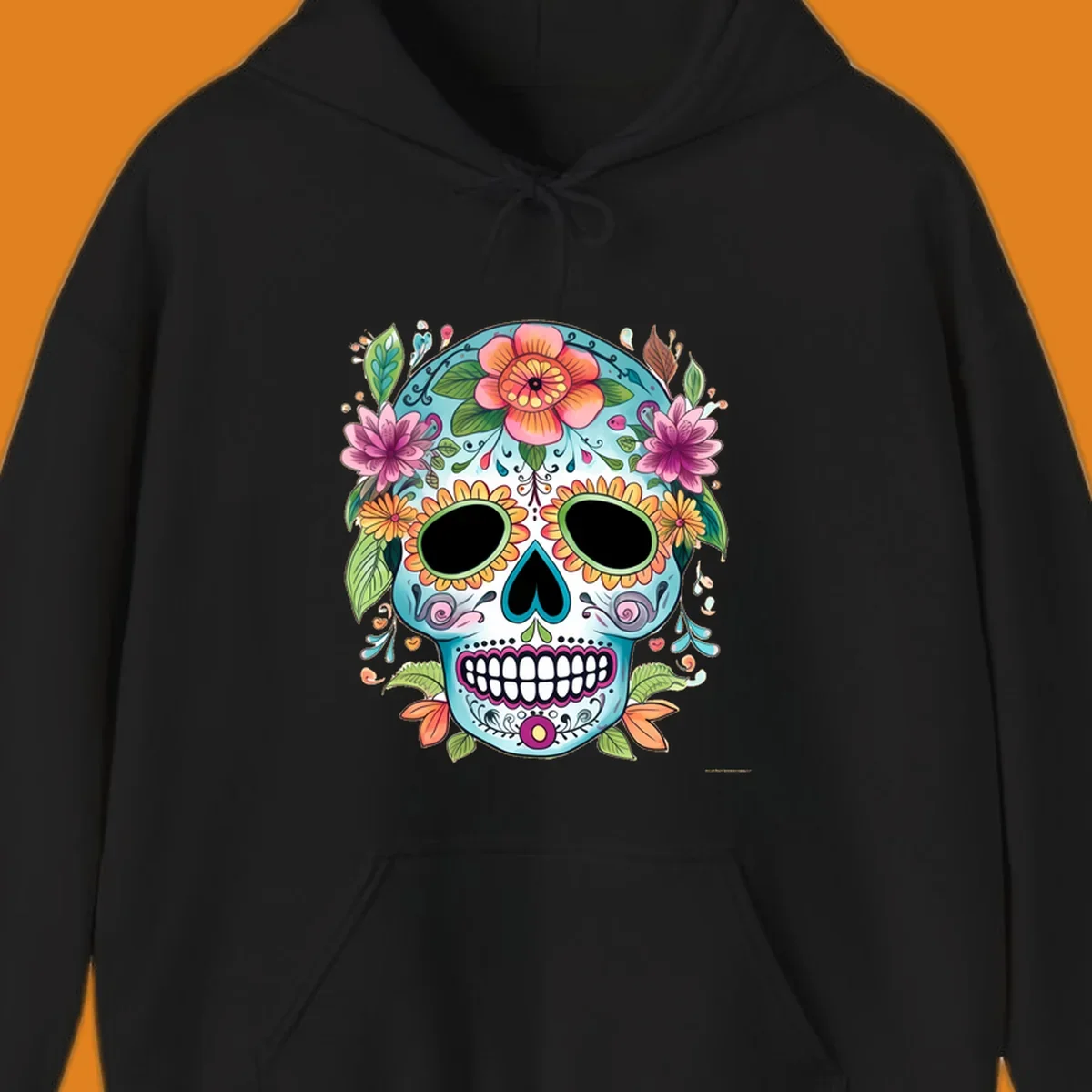A vibrant floral calavera skull illustration, adorned with colorful flowers and leaves on a teal and white base.
