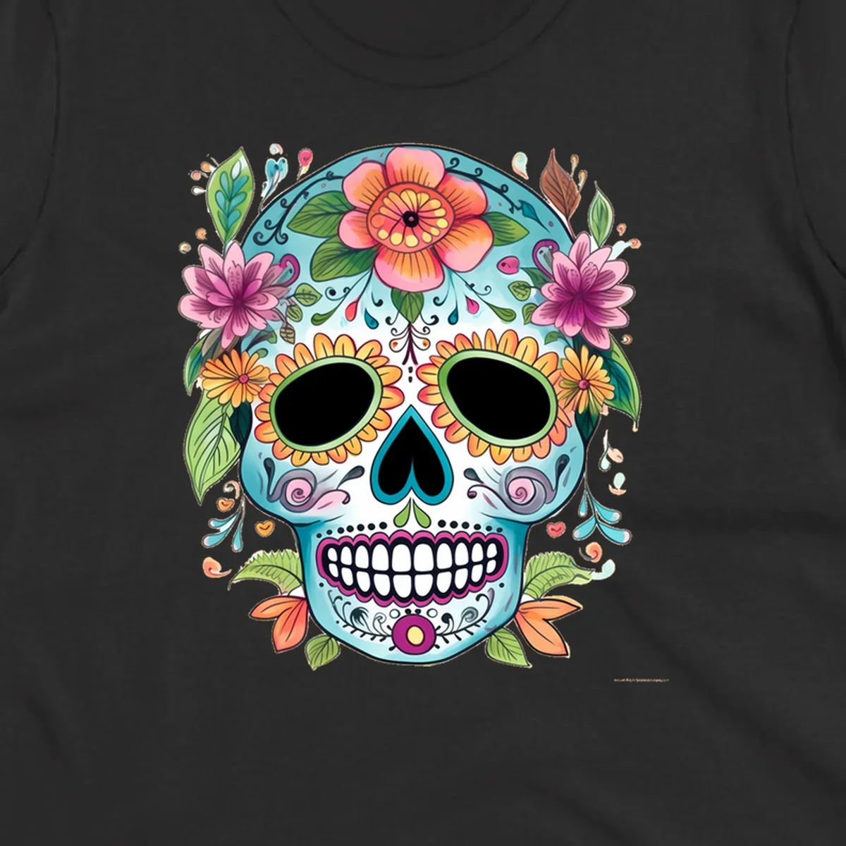 A vibrant floral calavera skull illustration, adorned with colorful flowers and leaves on a teal and white base.
