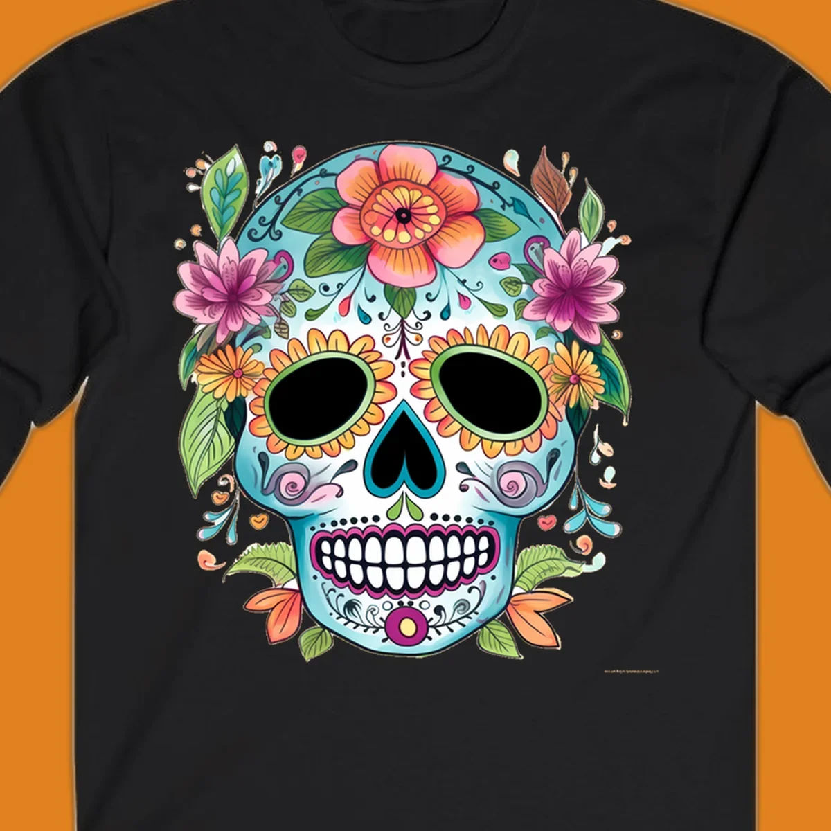 A vibrant floral calavera skull illustration, adorned with colorful flowers and leaves on a teal and white base.