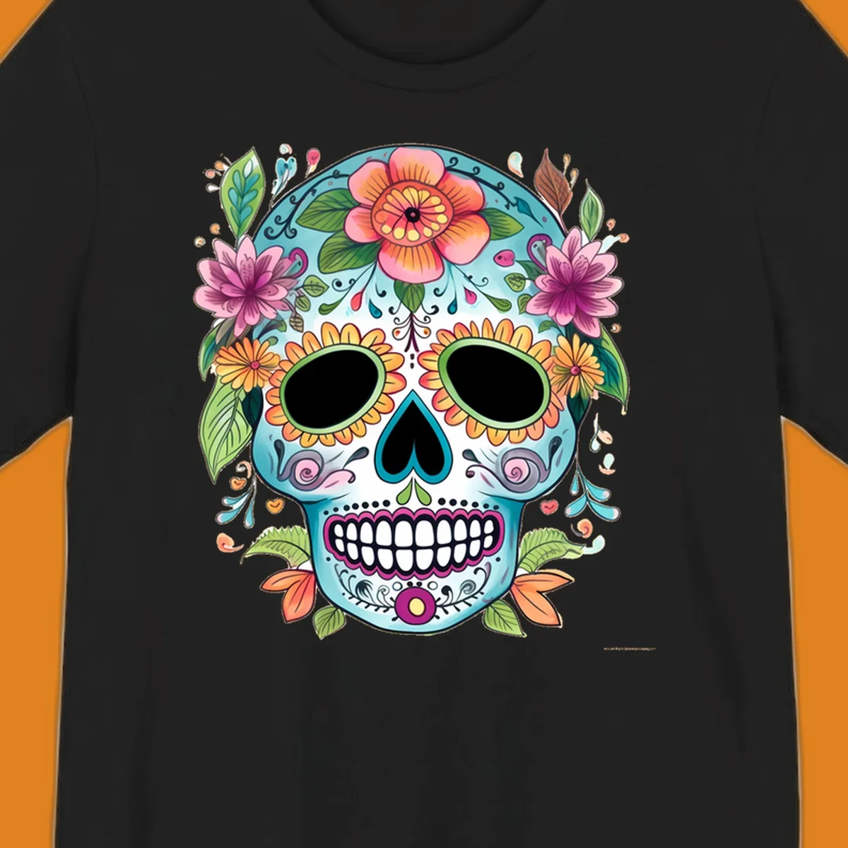 A vibrant floral calavera skull illustration, adorned with colorful flowers and leaves on a teal and white base.