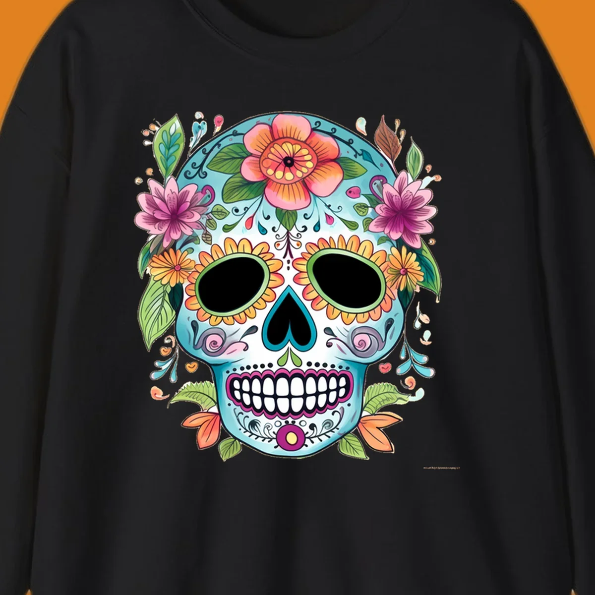 A vibrant floral calavera skull illustration, adorned with colorful flowers and leaves on a teal and white base.