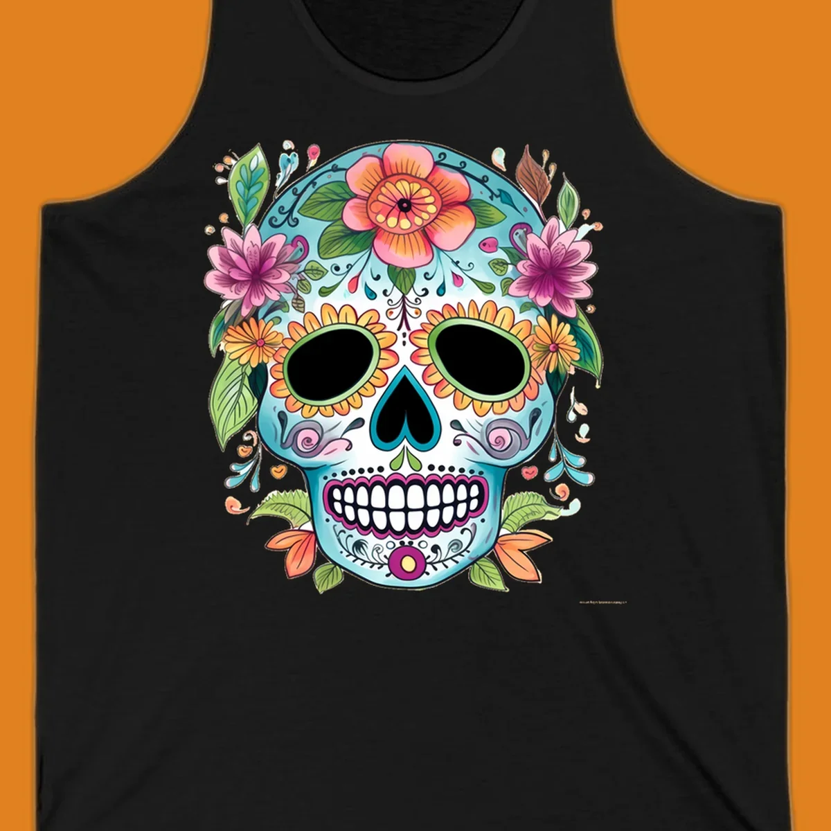 A vibrant floral calavera skull illustration, adorned with colorful flowers and leaves on a teal and white base.