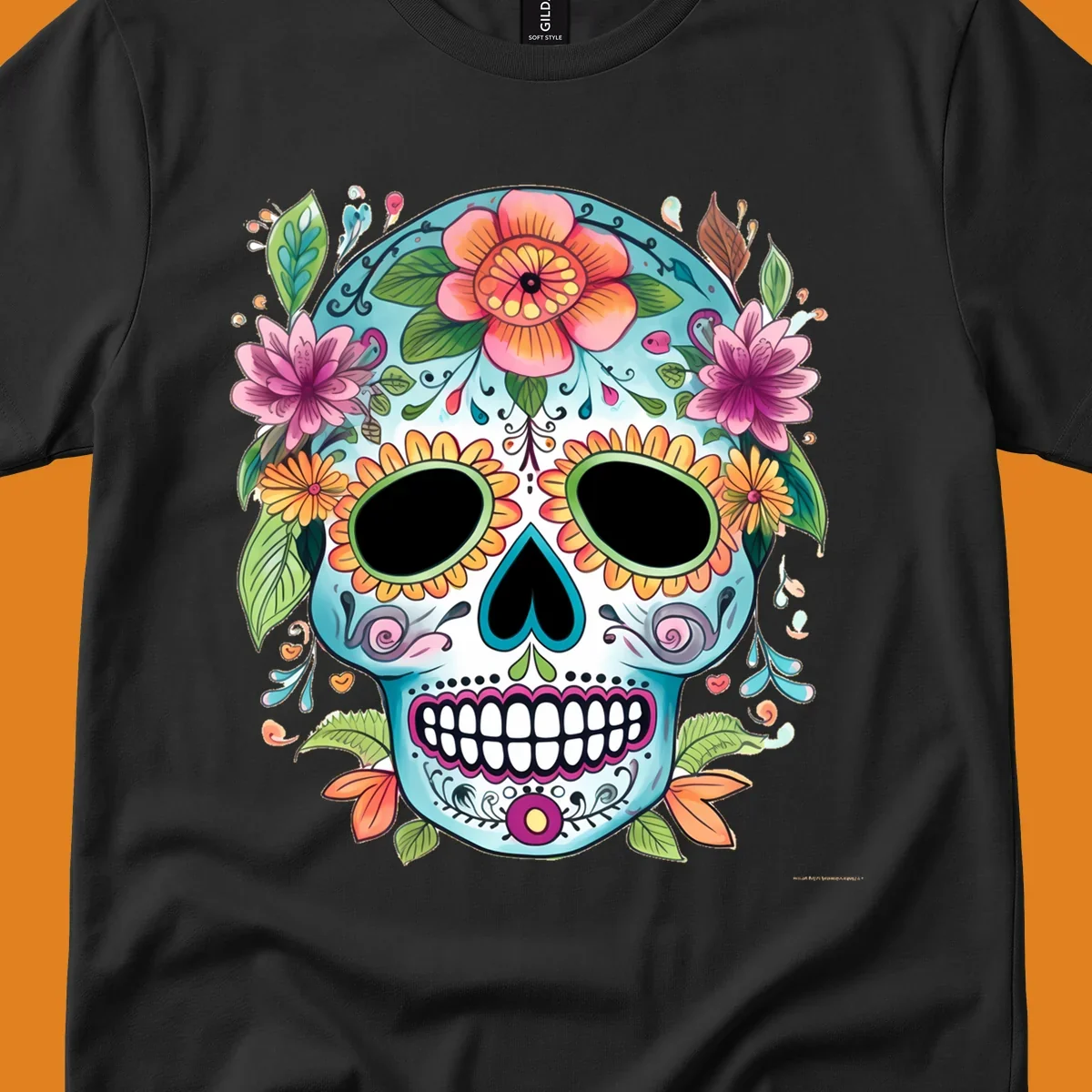 A vibrant floral calavera skull illustration, adorned with colorful flowers and leaves on a teal and white base.