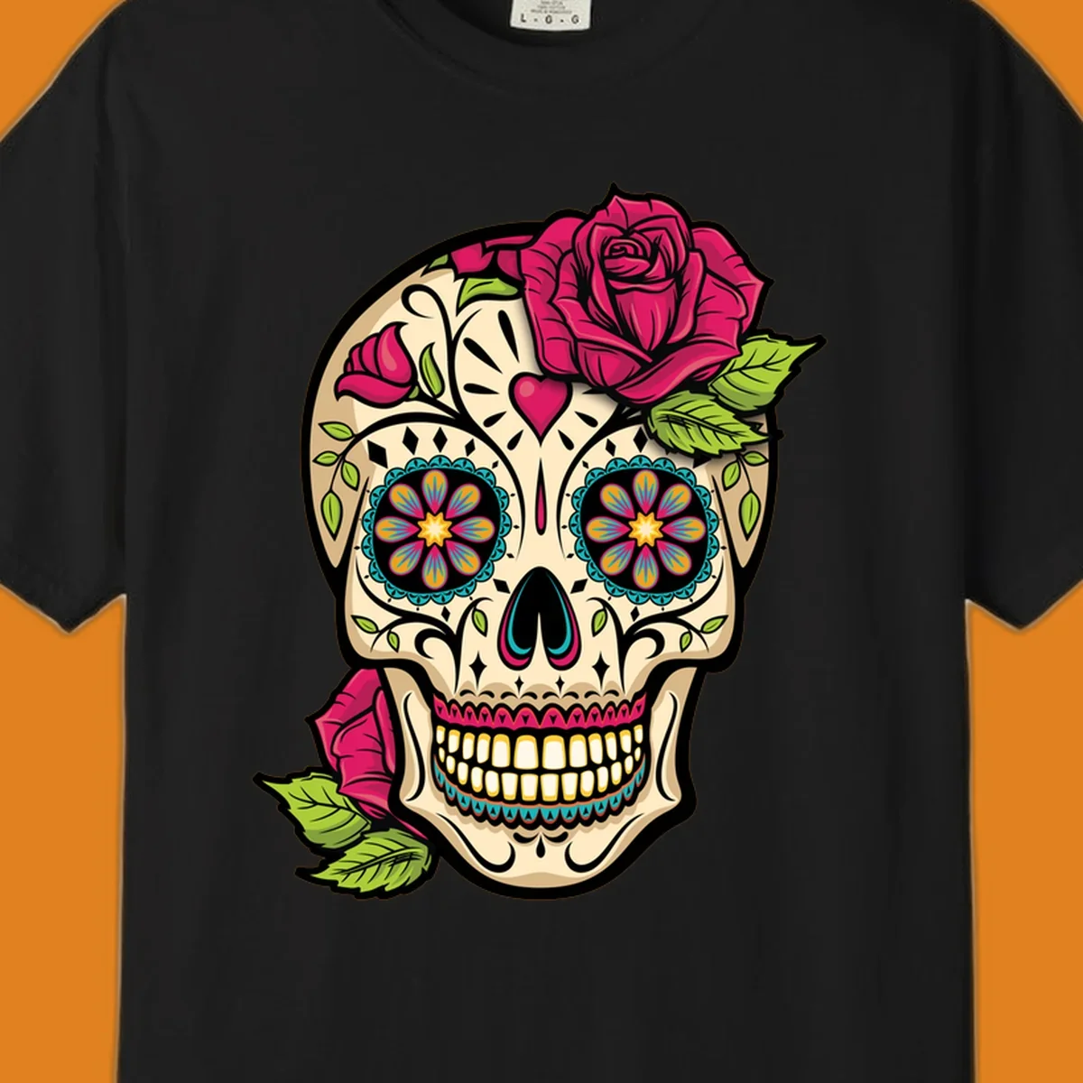 An ornate sugar skull decorated with pink and red roses and colorful floral patterns, embodying the ornate-sugar-skull-roses concept.