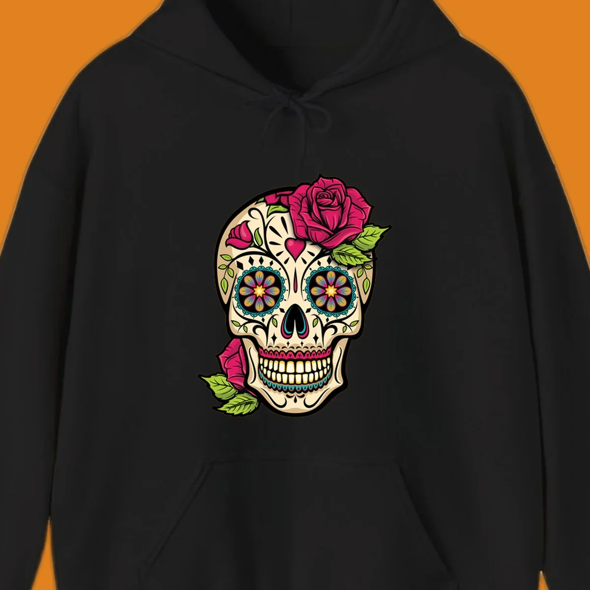 An ornate sugar skull decorated with pink and red roses and colorful floral patterns, embodying the ornate-sugar-skull-roses concept.