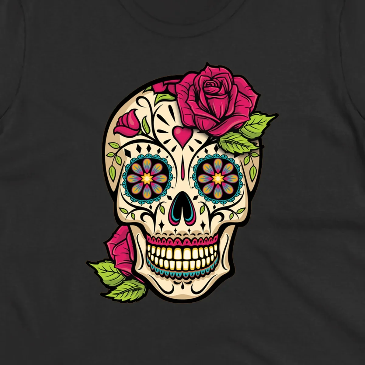 An ornate sugar skull decorated with pink and red roses and colorful floral patterns, embodying the ornate-sugar-skull-roses concept.
