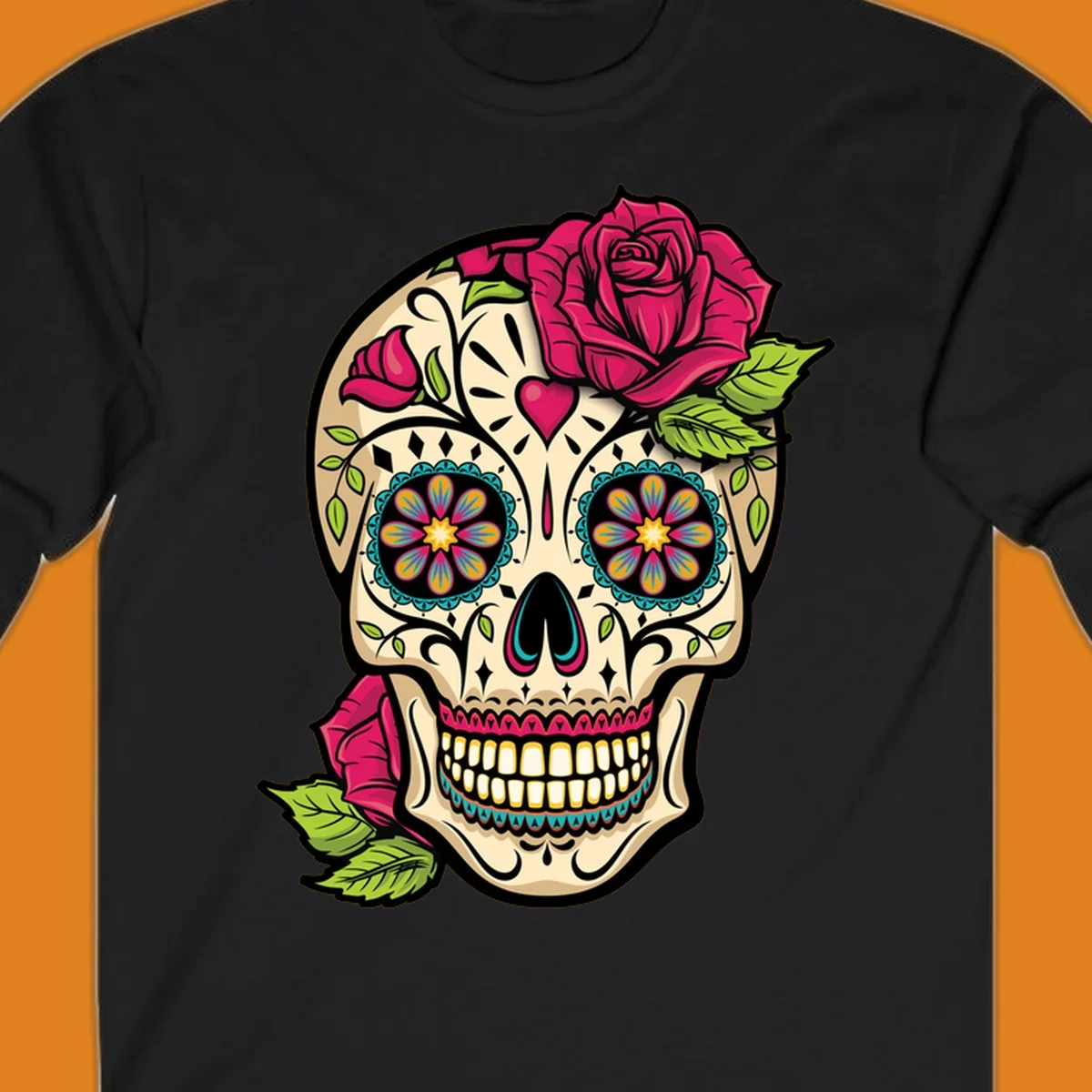 An ornate sugar skull decorated with pink and red roses and colorful floral patterns, embodying the ornate-sugar-skull-roses concept.