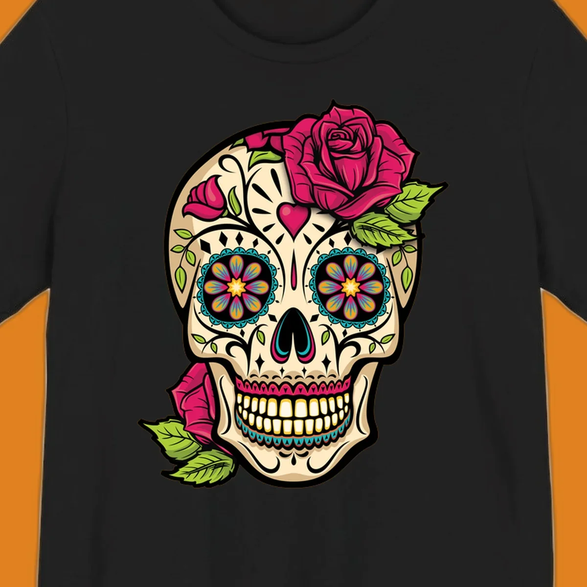 An ornate sugar skull decorated with pink and red roses and colorful floral patterns, embodying the ornate-sugar-skull-roses concept.