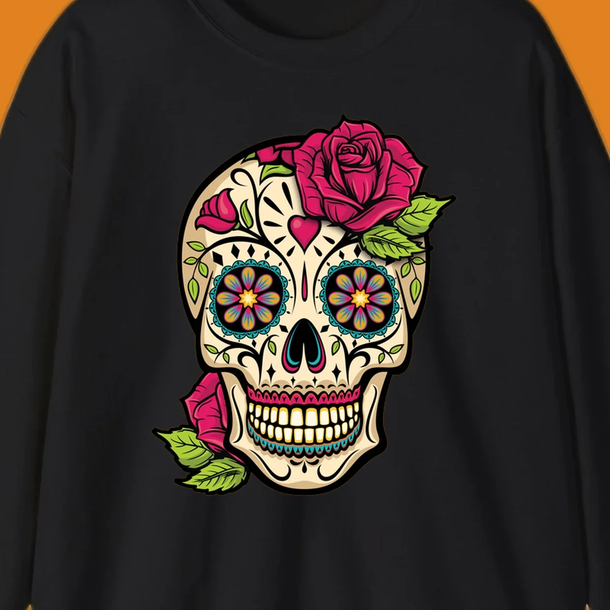 An ornate sugar skull decorated with pink and red roses and colorful floral patterns, embodying the ornate-sugar-skull-roses concept.