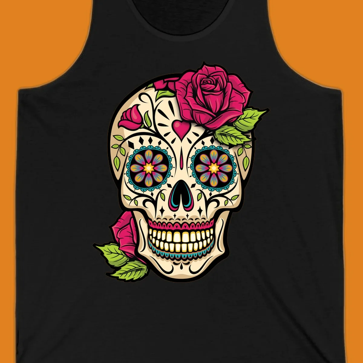 An ornate sugar skull decorated with pink and red roses and colorful floral patterns, embodying the ornate-sugar-skull-roses concept.