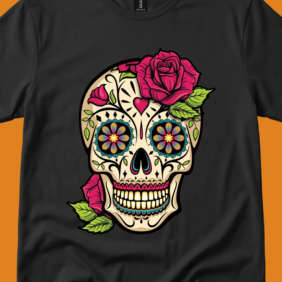 An ornate sugar skull decorated with pink and red roses and colorful floral patterns, embodying the ornate-sugar-skull-roses concept.