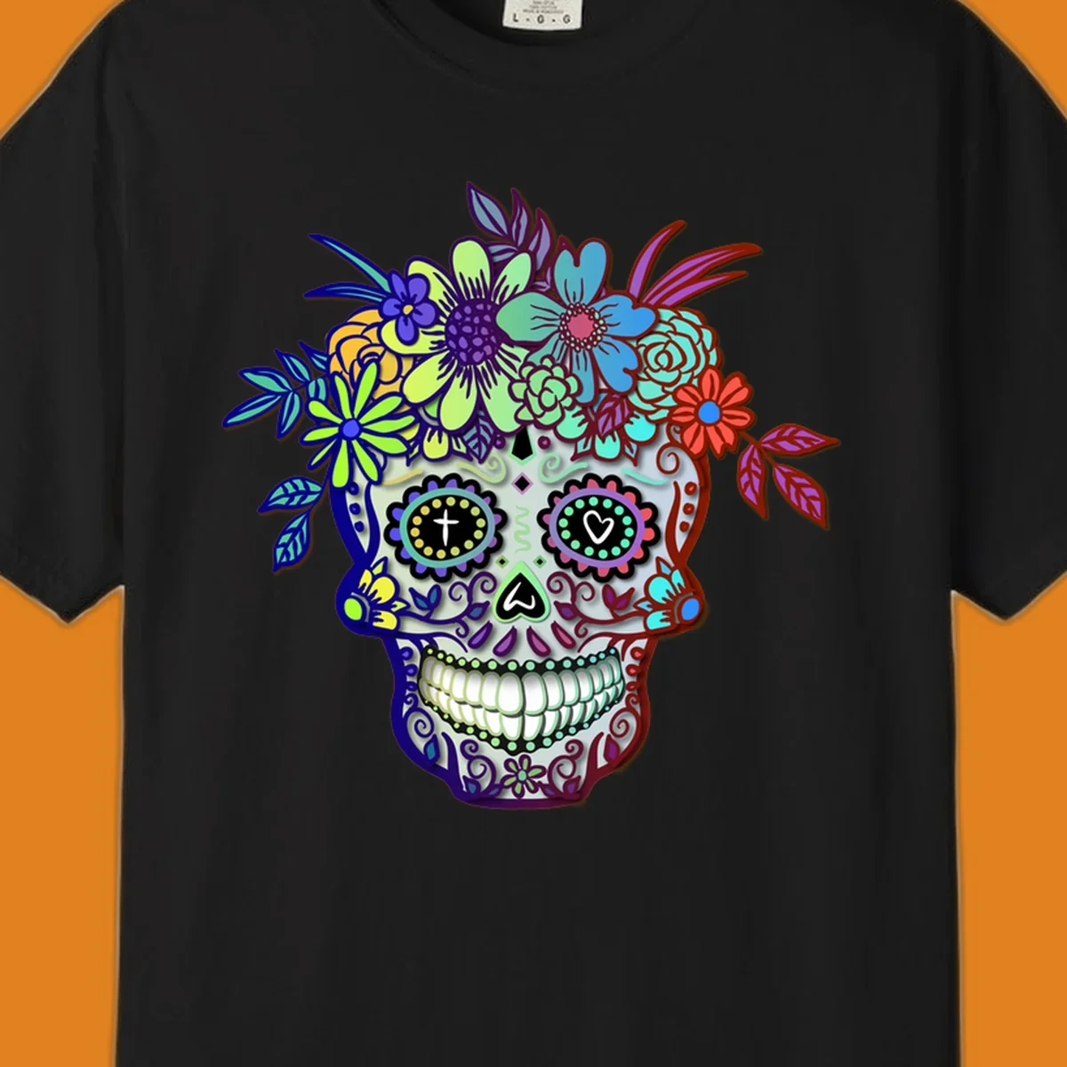 A vibrant floral calavera skull, decorated with intricate patterns and wearing a multicolored crown of flowers and leaves.