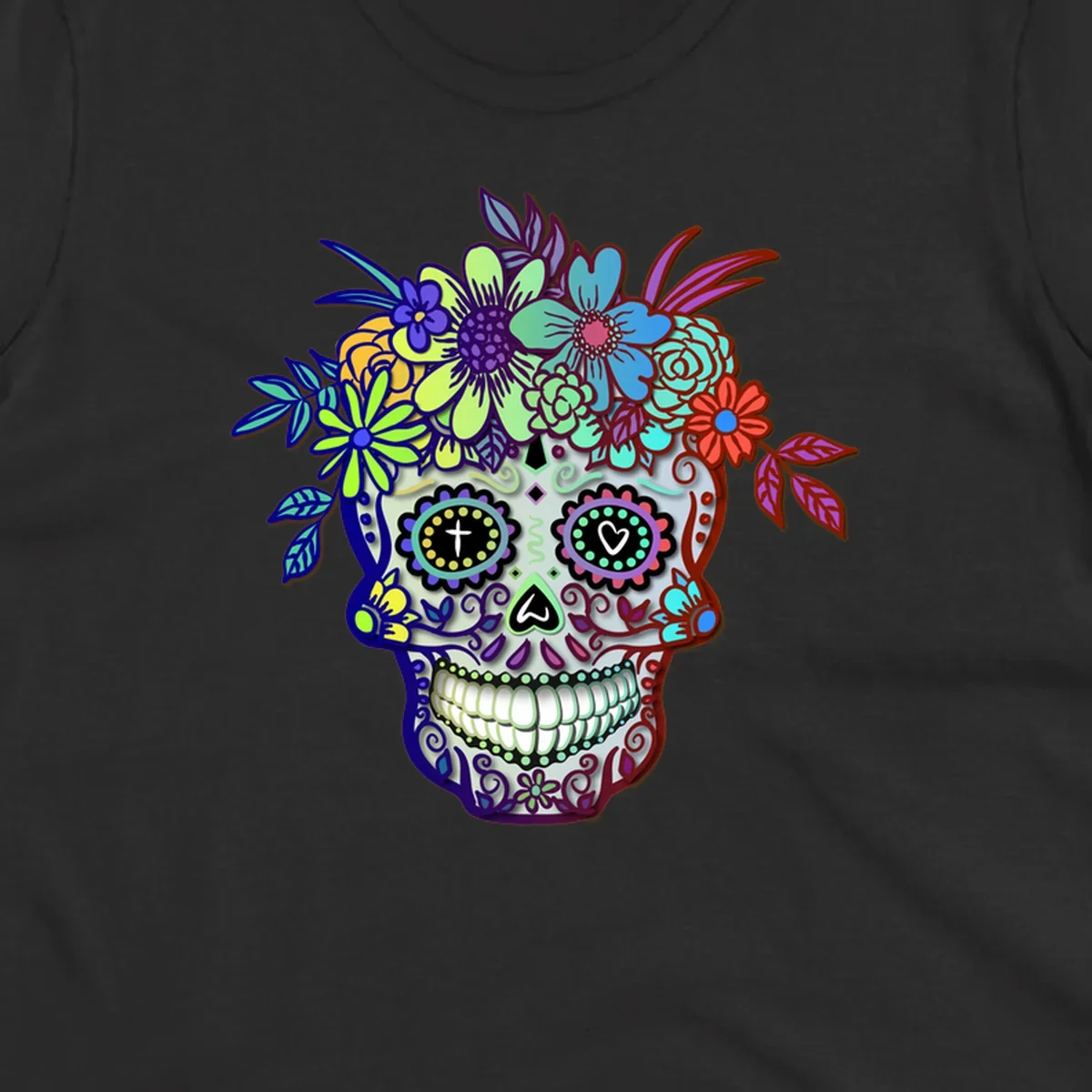 A vibrant floral calavera skull, decorated with intricate patterns and wearing a multicolored crown of flowers and leaves.