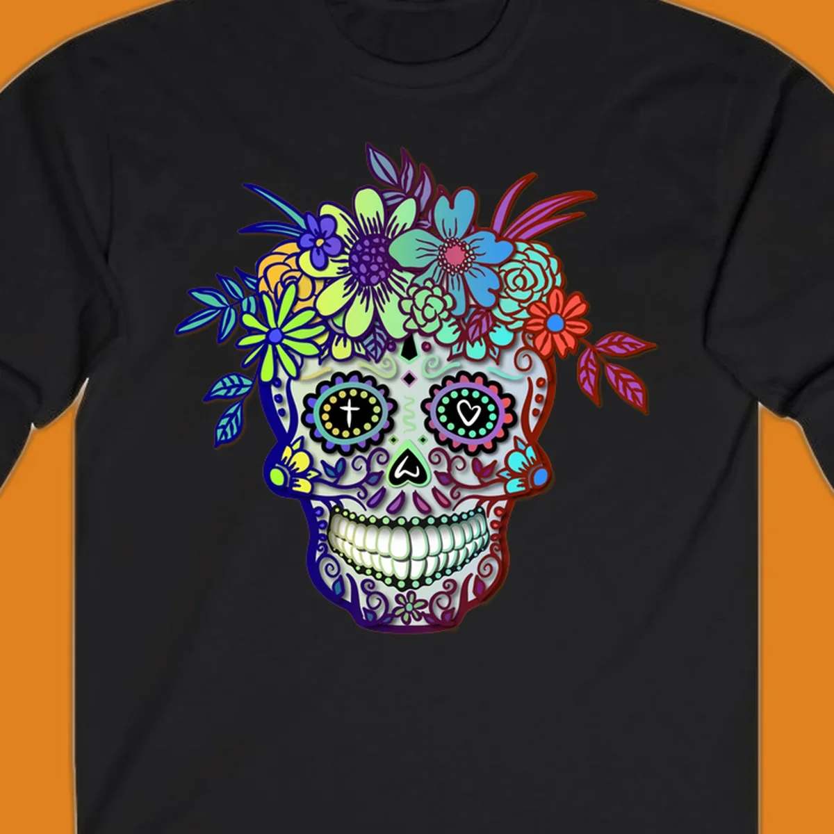 A vibrant floral calavera skull, decorated with intricate patterns and wearing a multicolored crown of flowers and leaves.