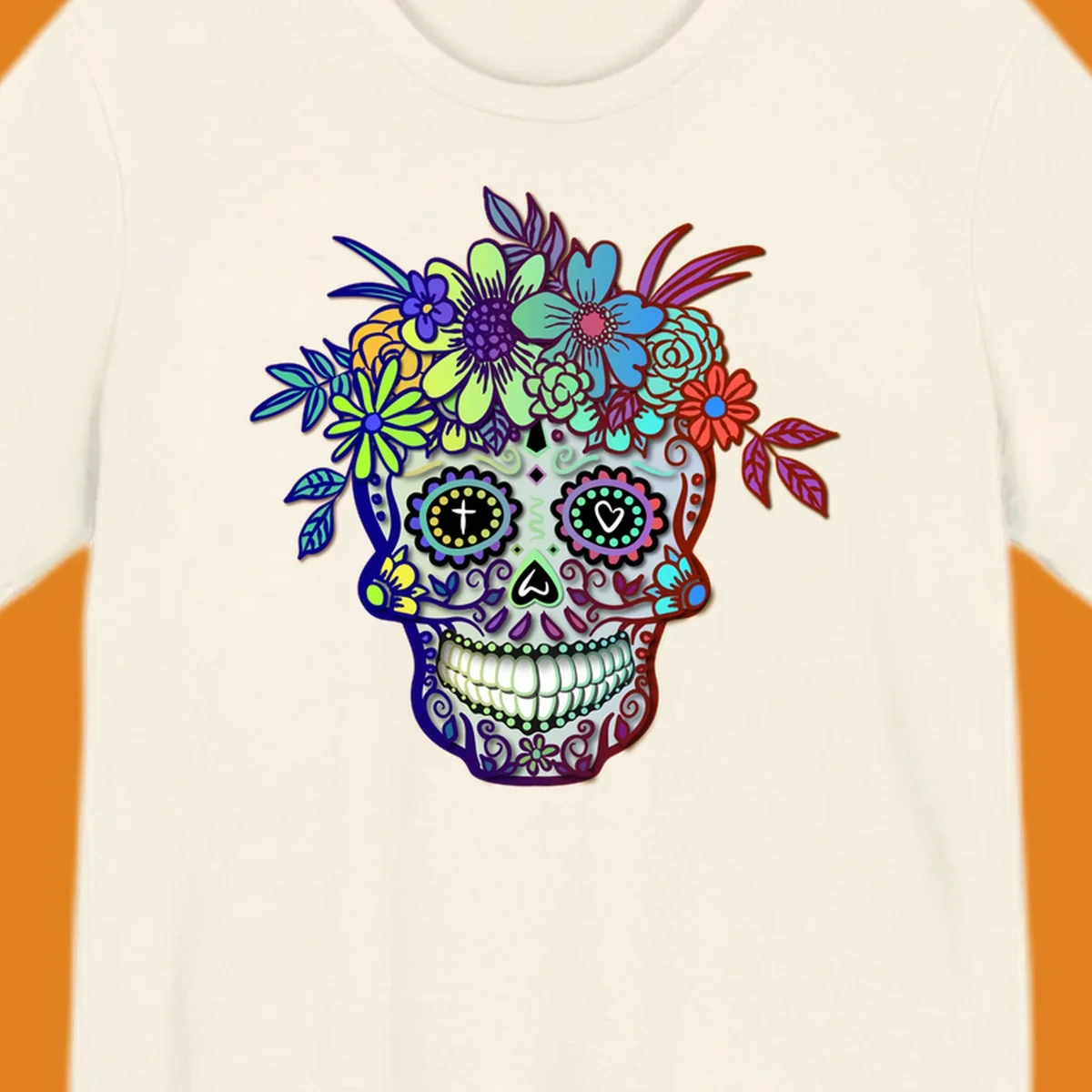 A vibrant floral calavera skull, decorated with intricate patterns and wearing a multicolored crown of flowers and leaves.