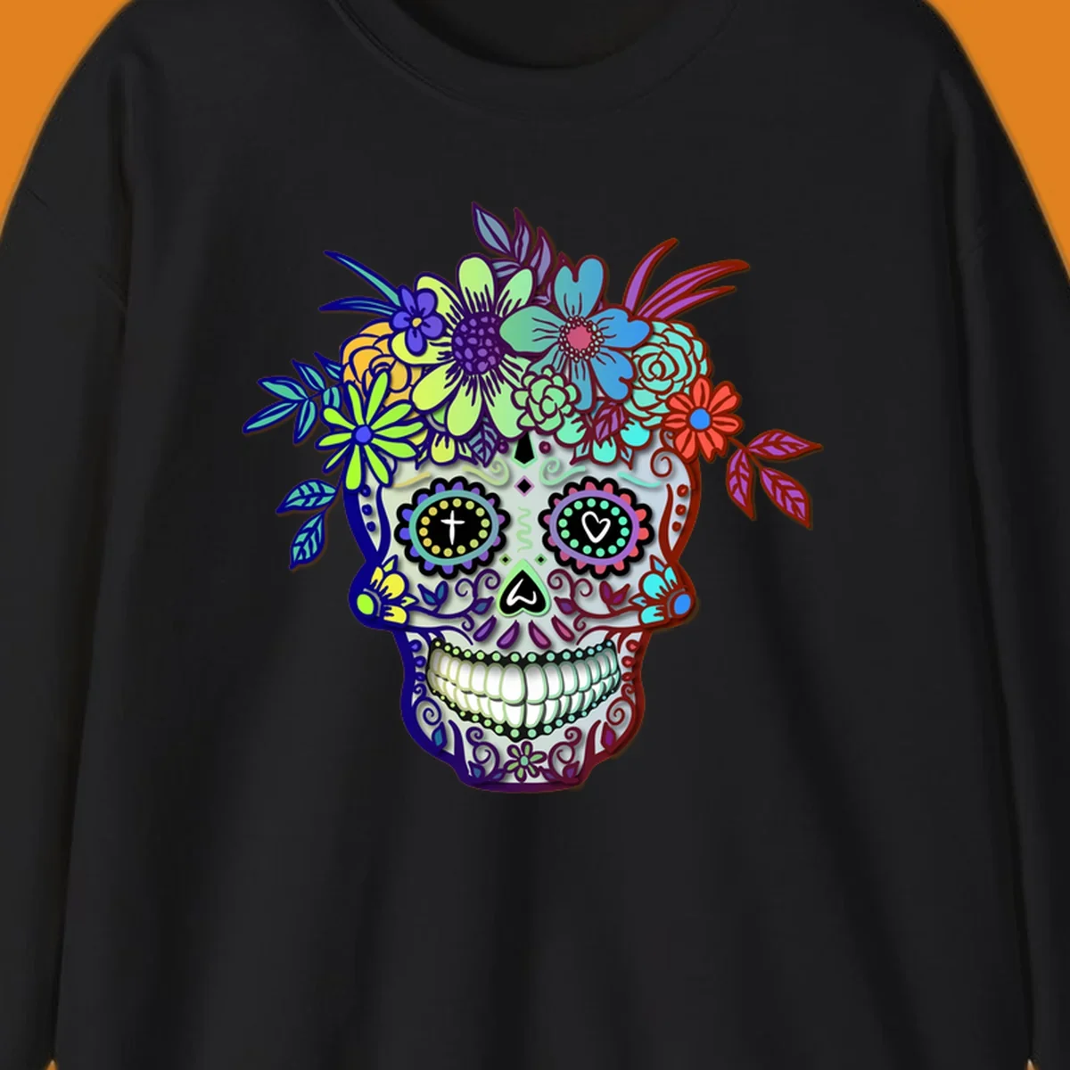 A vibrant floral calavera skull, decorated with intricate patterns and wearing a multicolored crown of flowers and leaves.