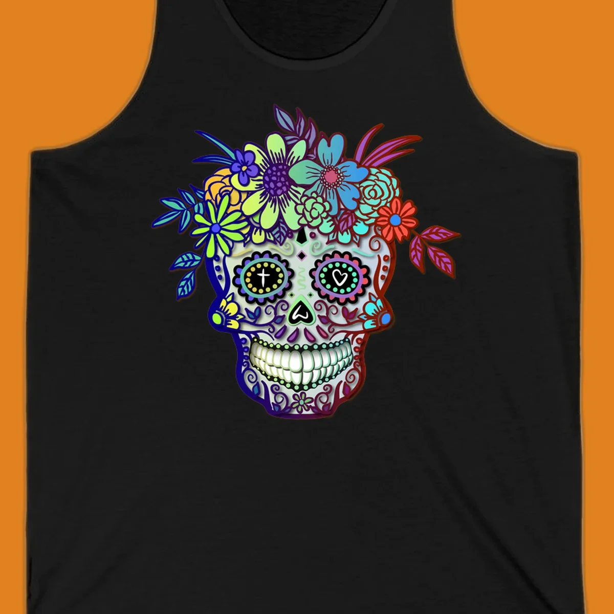 A vibrant floral calavera skull, decorated with intricate patterns and wearing a multicolored crown of flowers and leaves.