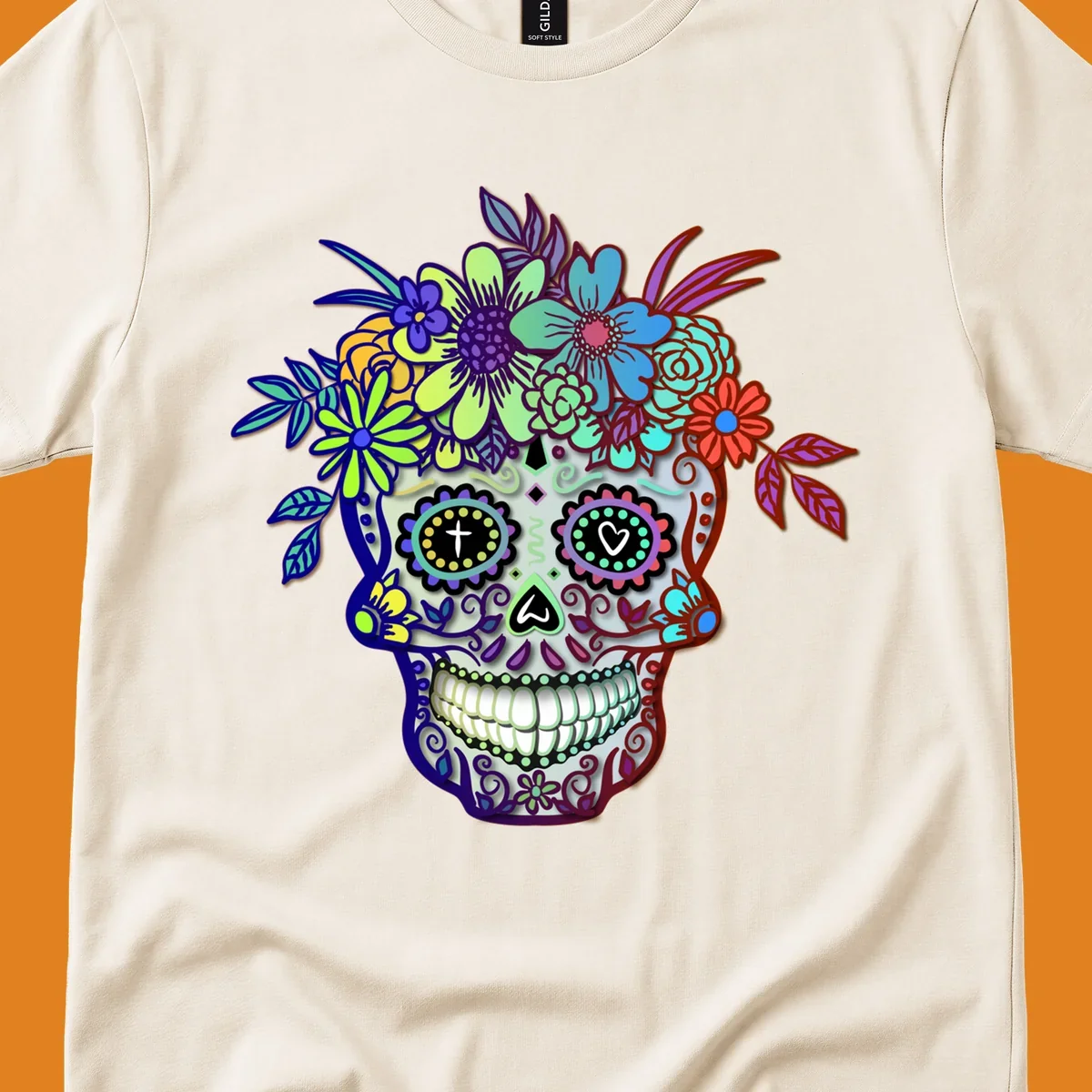 A vibrant floral calavera skull, decorated with intricate patterns and wearing a multicolored crown of flowers and leaves.