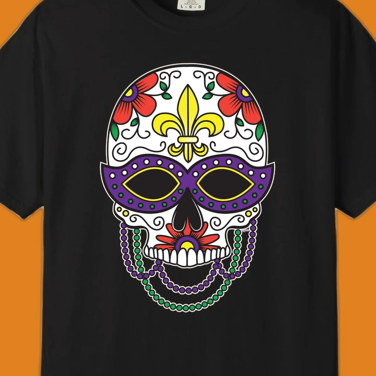 A vibrant Mardi Gras sugar skull illustration with a purple mask, yellow fleur-de-lis, red flowers, and green and purple beads.