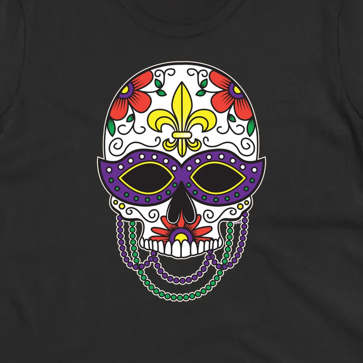 A vibrant Mardi Gras sugar skull illustration with a purple mask, yellow fleur-de-lis, red flowers, and green and purple beads.