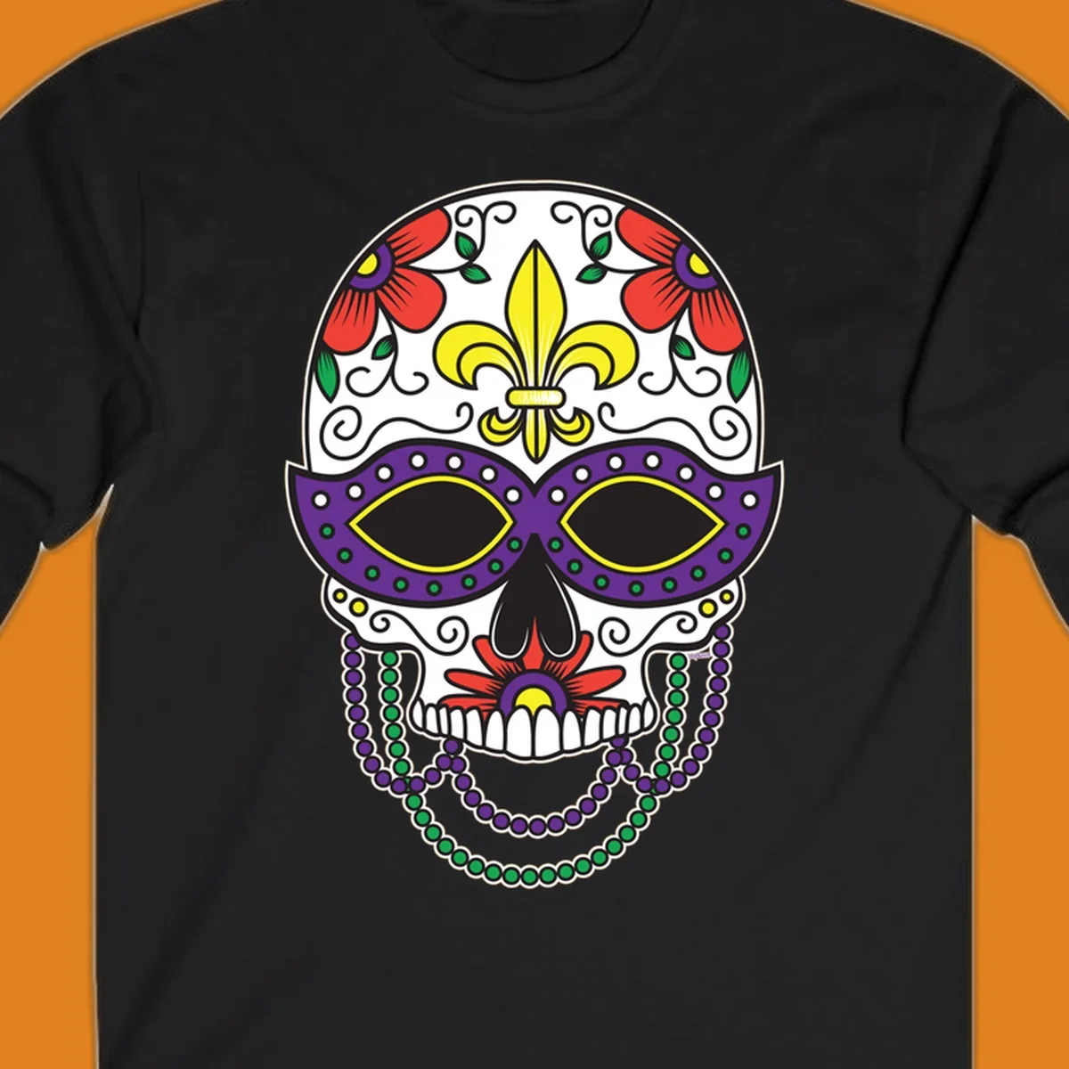 A vibrant Mardi Gras sugar skull illustration with a purple mask, yellow fleur-de-lis, red flowers, and green and purple beads.