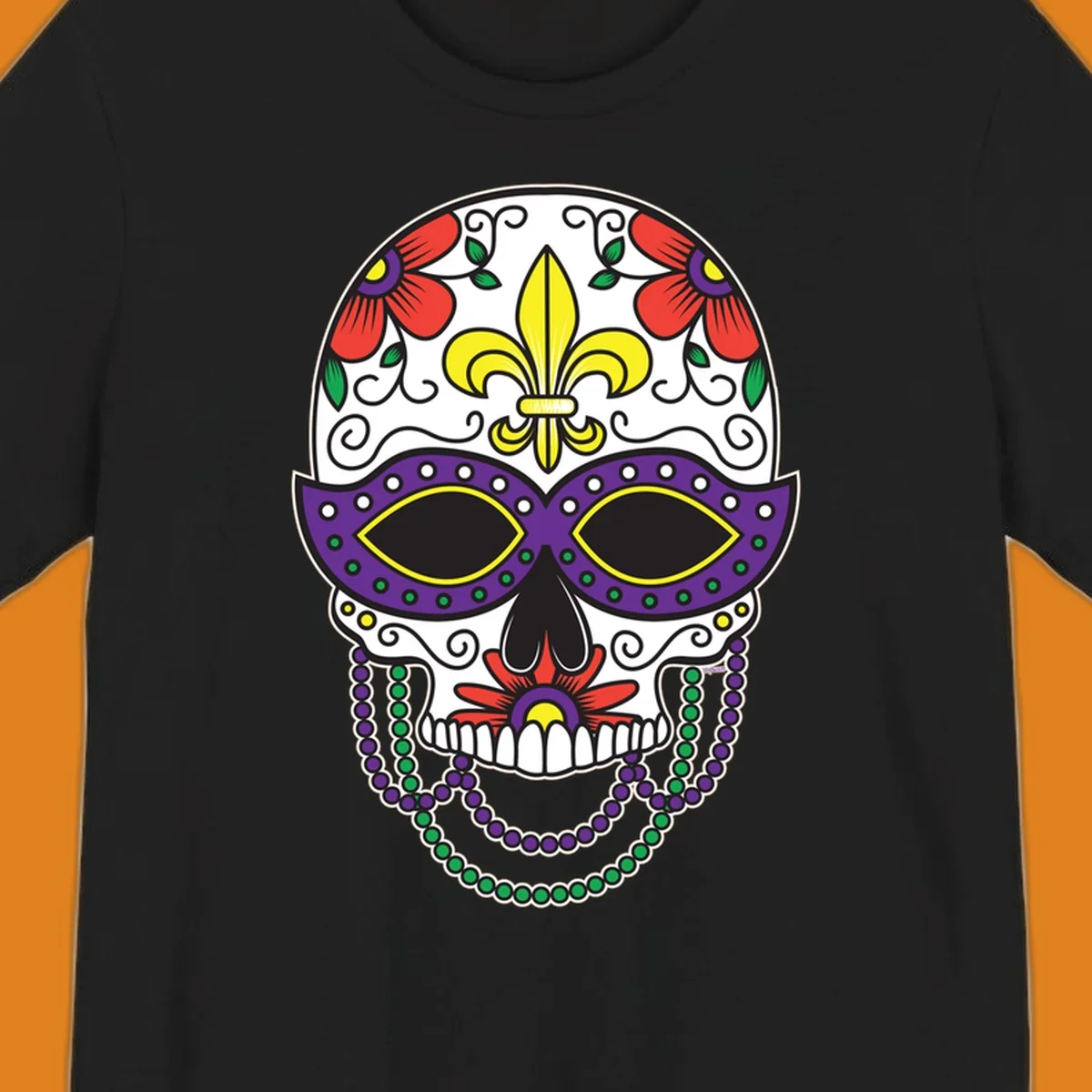 A vibrant Mardi Gras sugar skull illustration with a purple mask, yellow fleur-de-lis, red flowers, and green and purple beads.