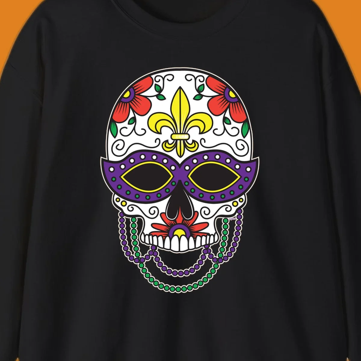 A vibrant Mardi Gras sugar skull illustration with a purple mask, yellow fleur-de-lis, red flowers, and green and purple beads.