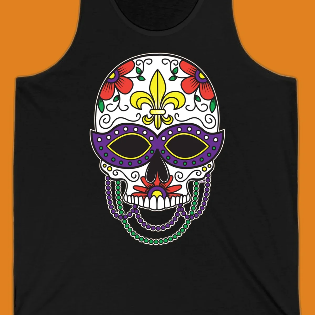 A vibrant Mardi Gras sugar skull illustration with a purple mask, yellow fleur-de-lis, red flowers, and green and purple beads.