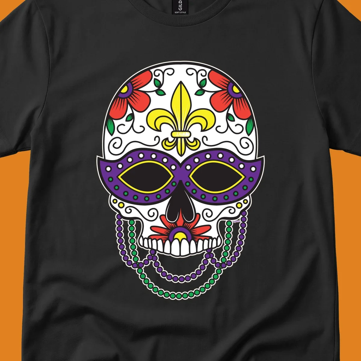 A vibrant Mardi Gras sugar skull illustration with a purple mask, yellow fleur-de-lis, red flowers, and green and purple beads.