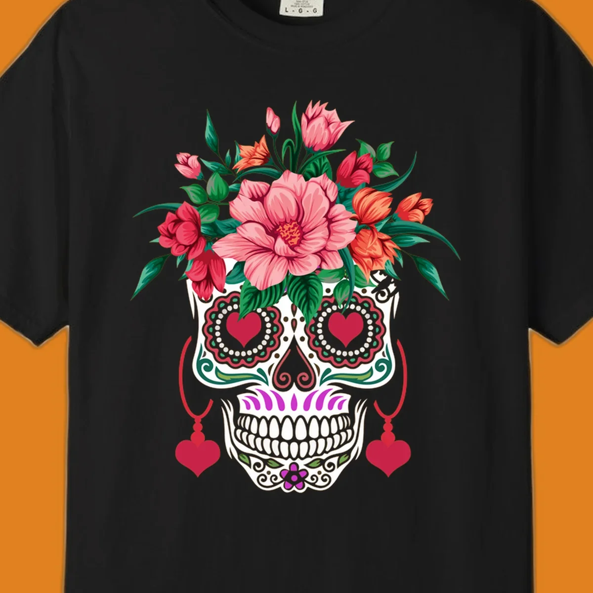 A vibrant floral sugar skull illustration with pink, red, and orange flowers, green leaves, and heart eyes.
