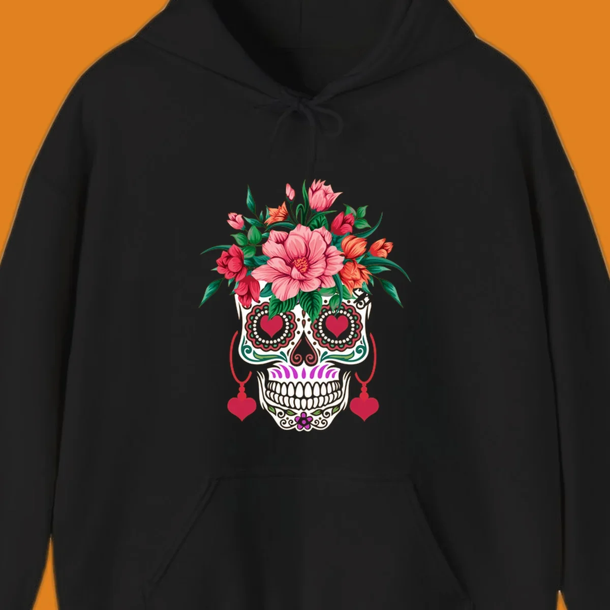 A vibrant floral sugar skull illustration with pink, red, and orange flowers, green leaves, and heart eyes.